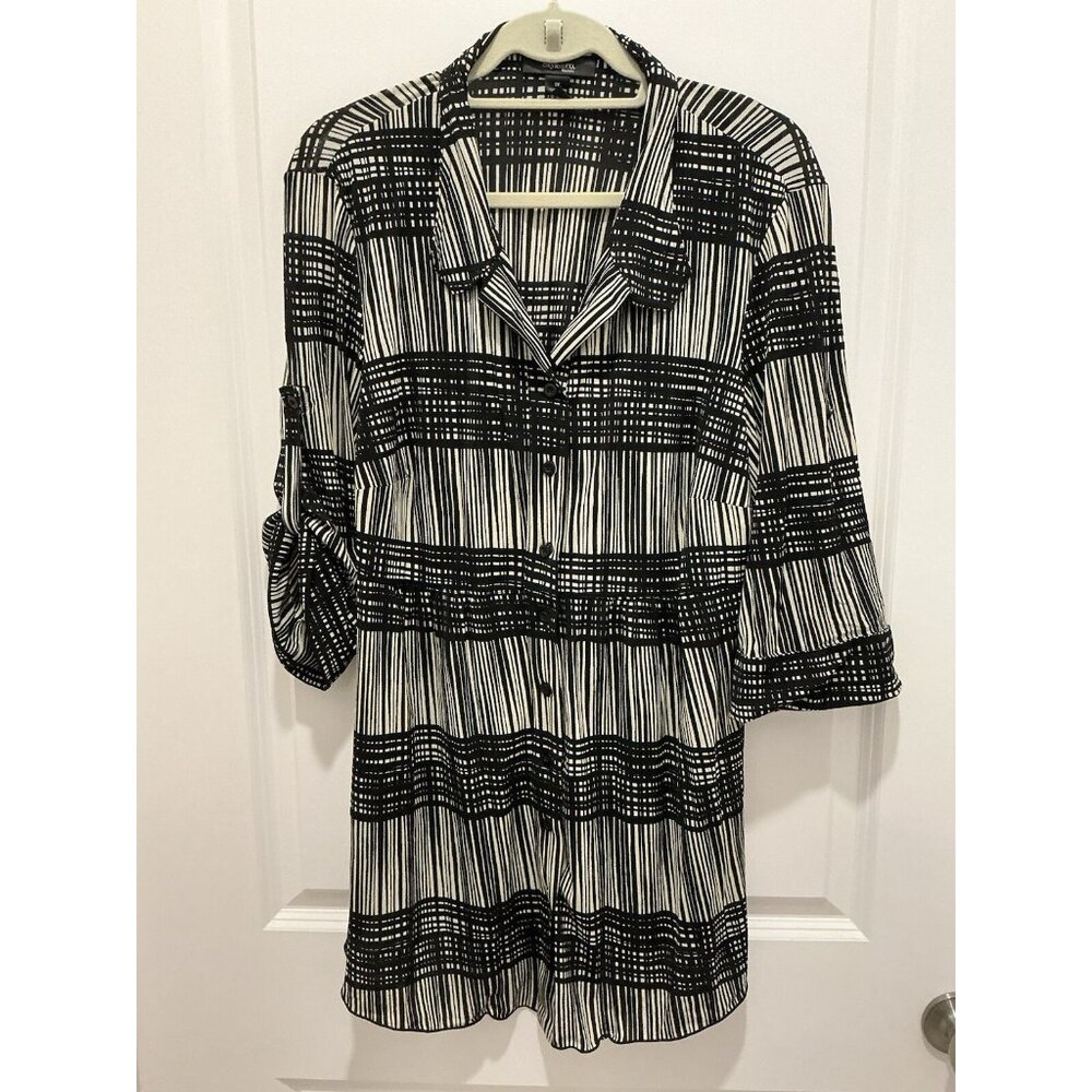 Style & Co. Blouse 1X Woman Black Tan Button Up Roll Up Or Leave Down Sleeve